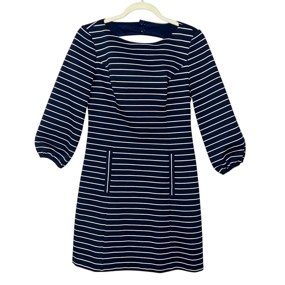 Eliza J Striped Ponte Knit Dress Navy White Nautical‎ Cut Out Shift Sz 2